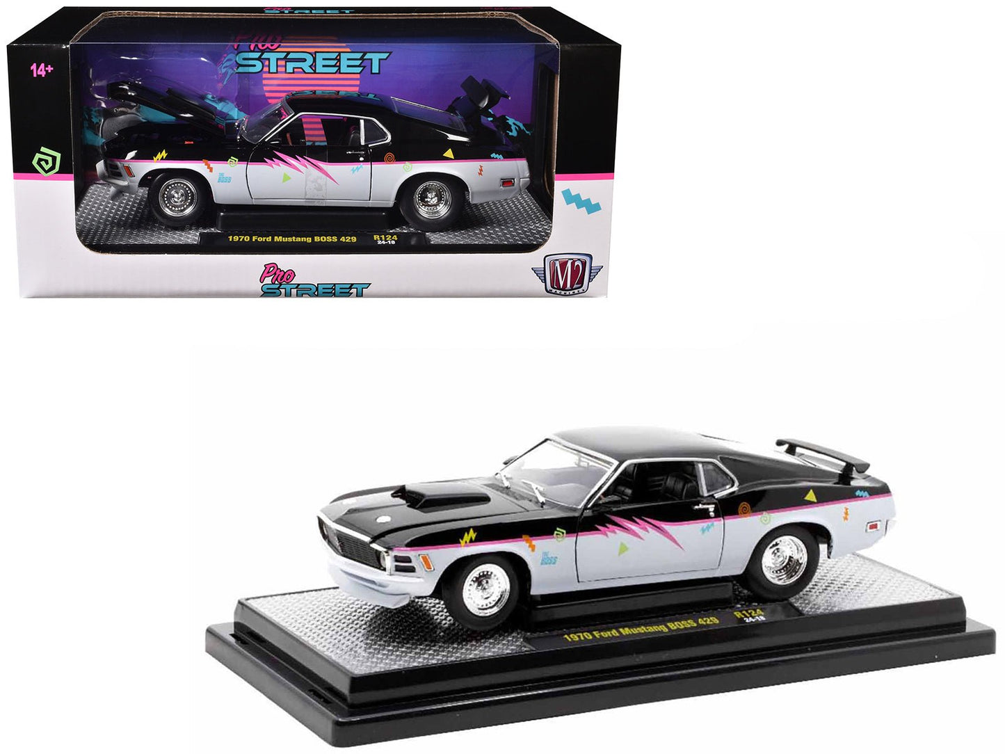 1970 Ford Mustang BOSS 429 "Pro Street" Black and Gray with Graphics Limited Edition to 6650 pieces Worldwide 1/24 Diecast Model Car by M2 Machines  free shipping USA