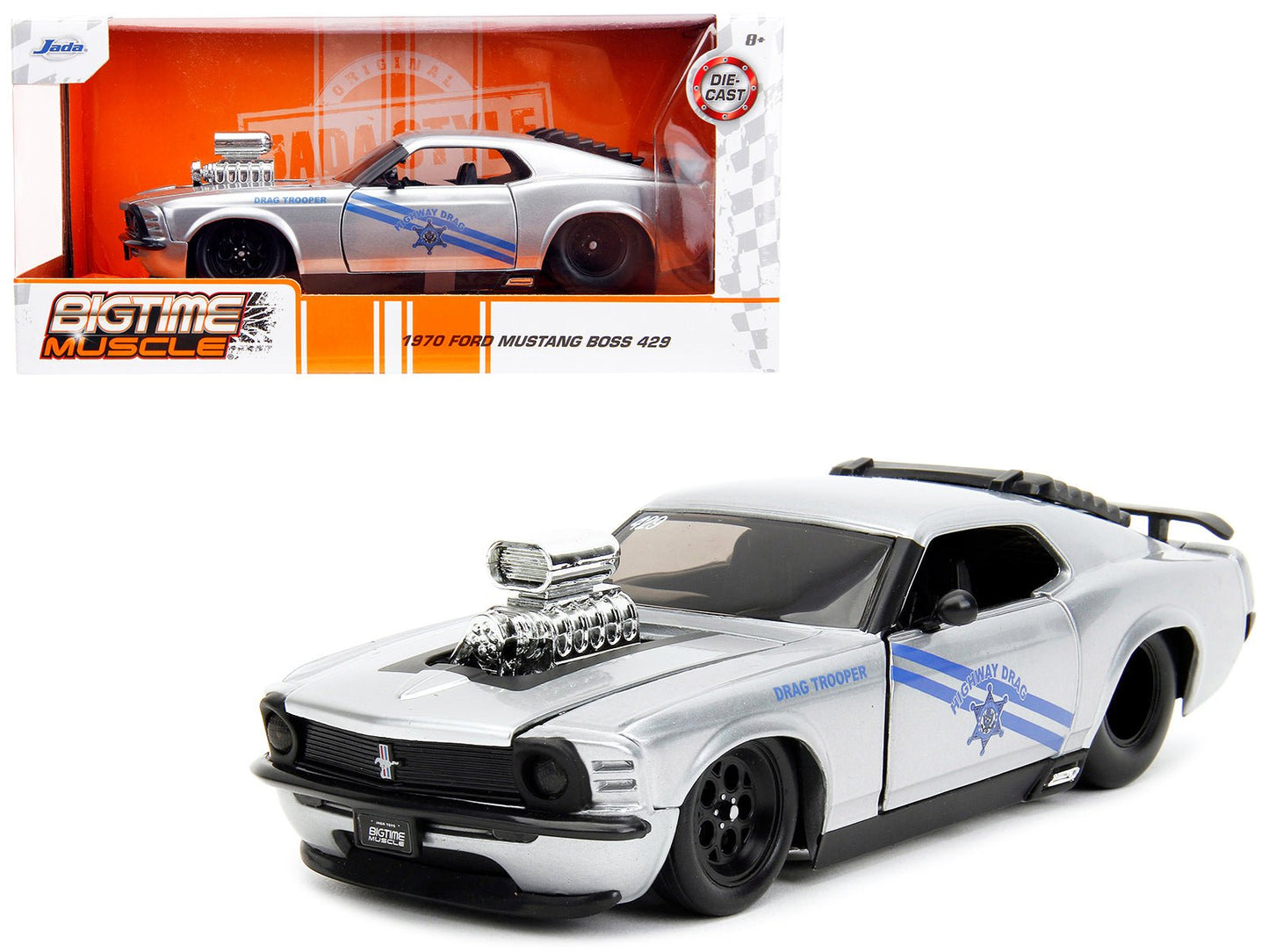 1970 Ford Mustang Boss 429 Silver Metallic "Highway Drag - Drag Trooper" "Bigtime Muscle" Series 1/24 Diecast Model Car by Jada  free shipping USA