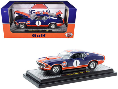 1970 Ford Mustang Custom #1 "Gulf Oil" Dark Blue with Orange Graphics Limited Edition to 7850 pieces Worldwide 1/24 Diecast Model Car by M2 Machines  free shipping USA
