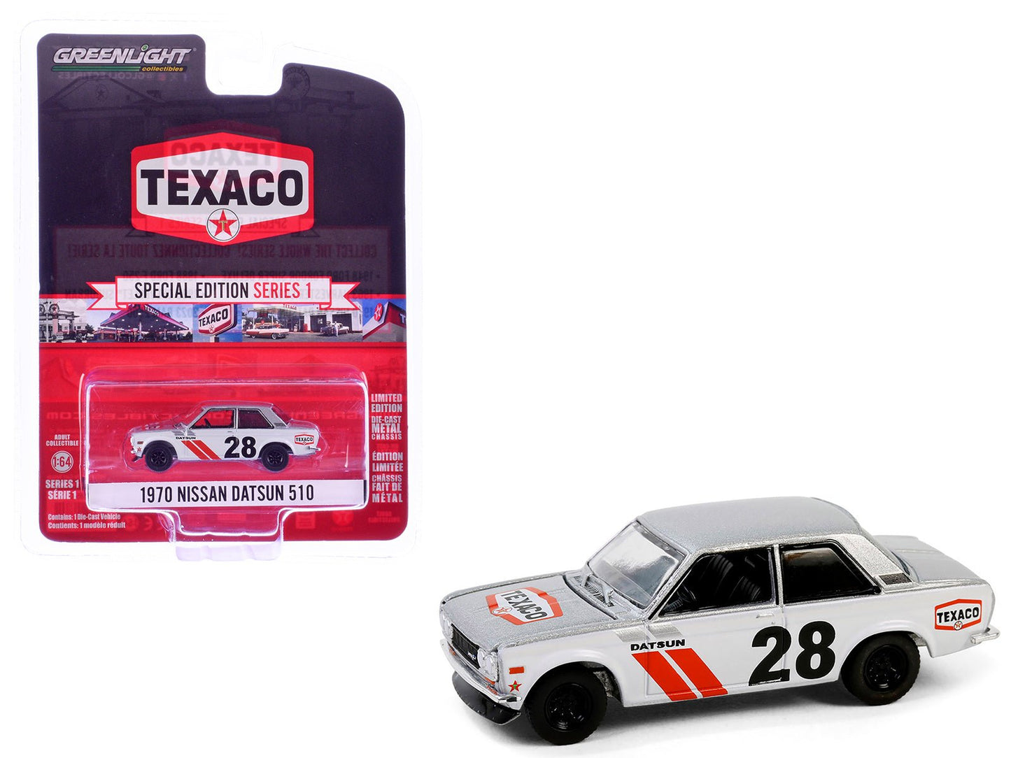 1970 Nissan Datsun 510 #28 "Texaco" Silver Metallic and White with Red Stripes "Texaco Special Edition" Series 1 1/64 Diecast Model Car by Greenlight  free shipping USA
