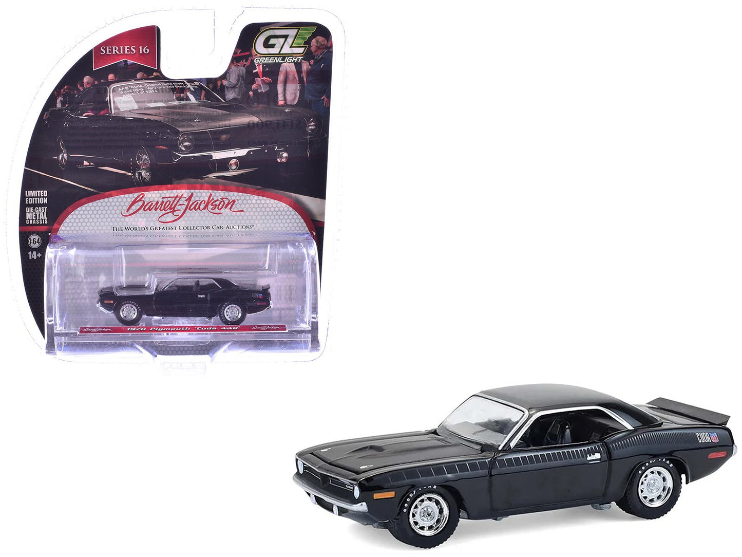 1970 Plymouth 'Cuda AAR Black with Gray Stripes "Barrett-Jackson" Series 16 1/64 Diecast Model Car by Greenlight  free shipping USA