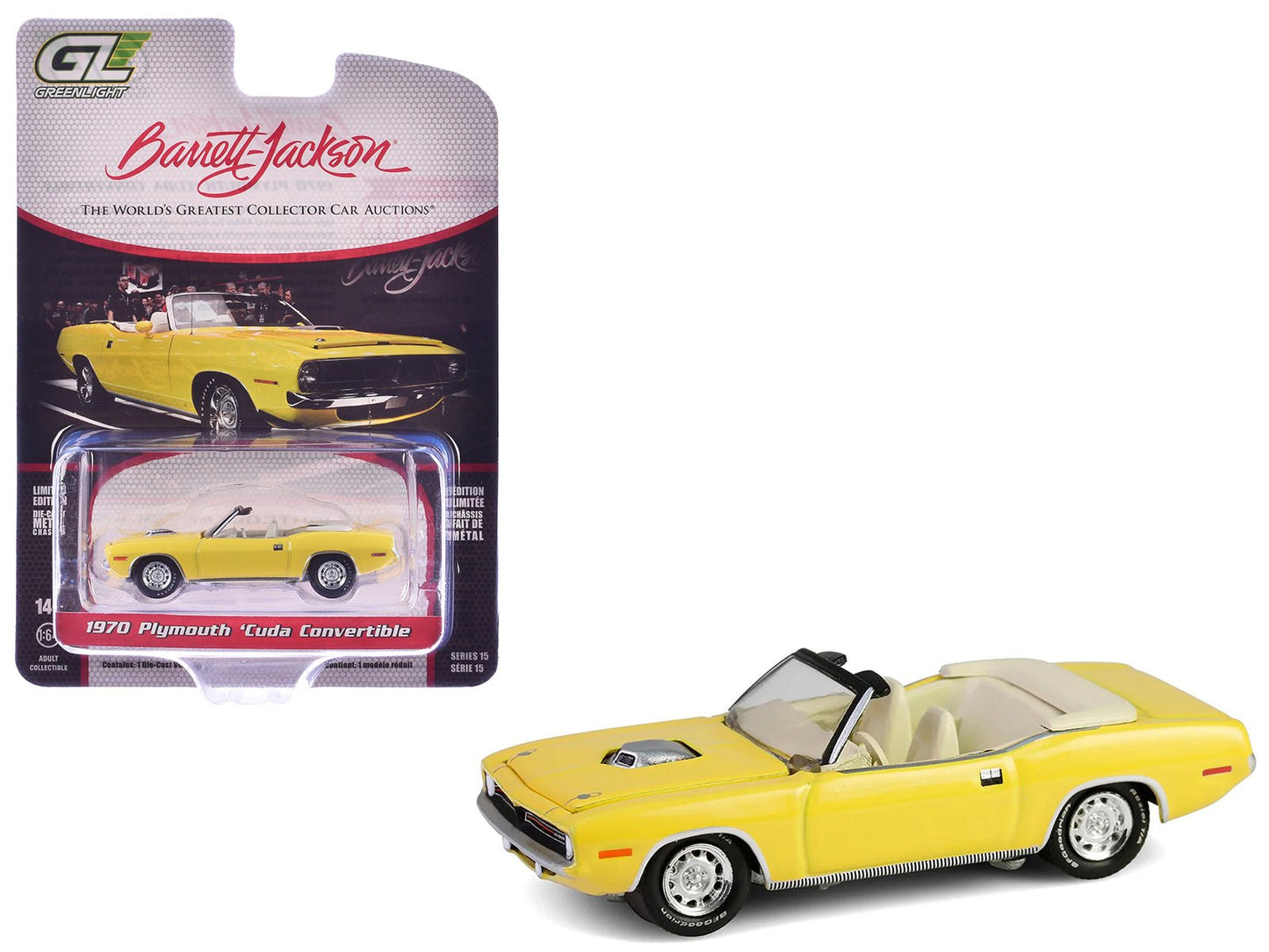 1970 Plymouth 'Cuda Convertible Yellow "Barrett-Jackson" Series 15 1/64 Diecast Model Car by Greenlight  free shipping USA