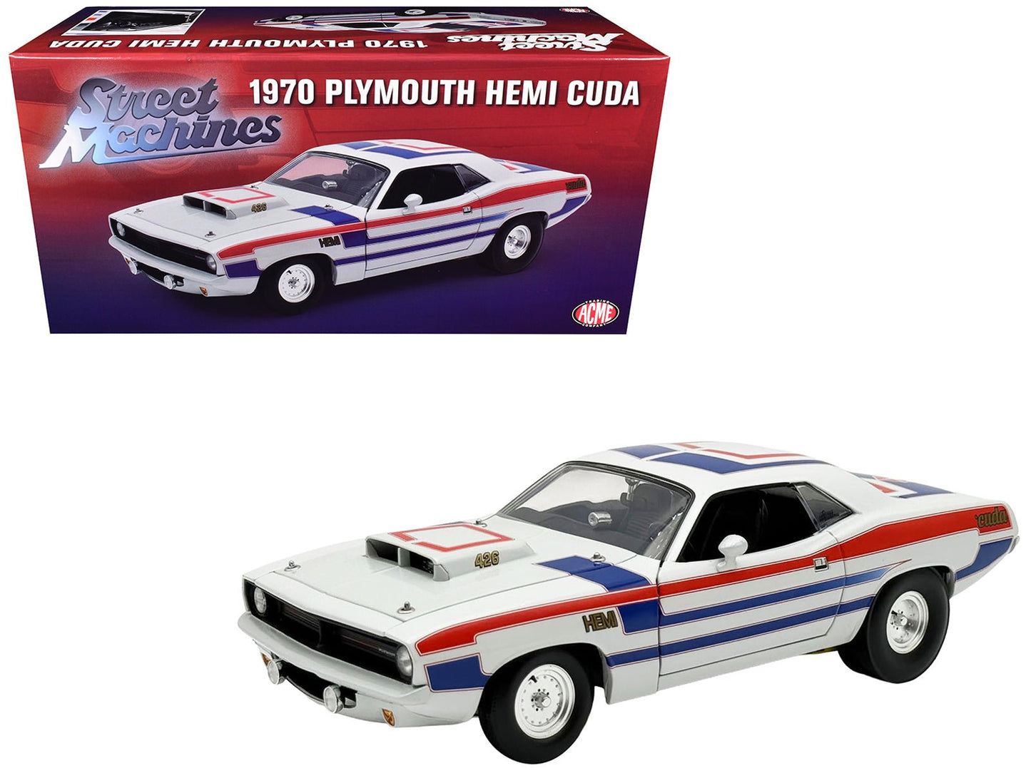 1970 Plymouth HEMI Cuda "Street Machine" White with Red and Blue Stripes Limited Edition to 366 pieces Worldwide 1/18 Diecast Model Car by ACME  free shipping USA