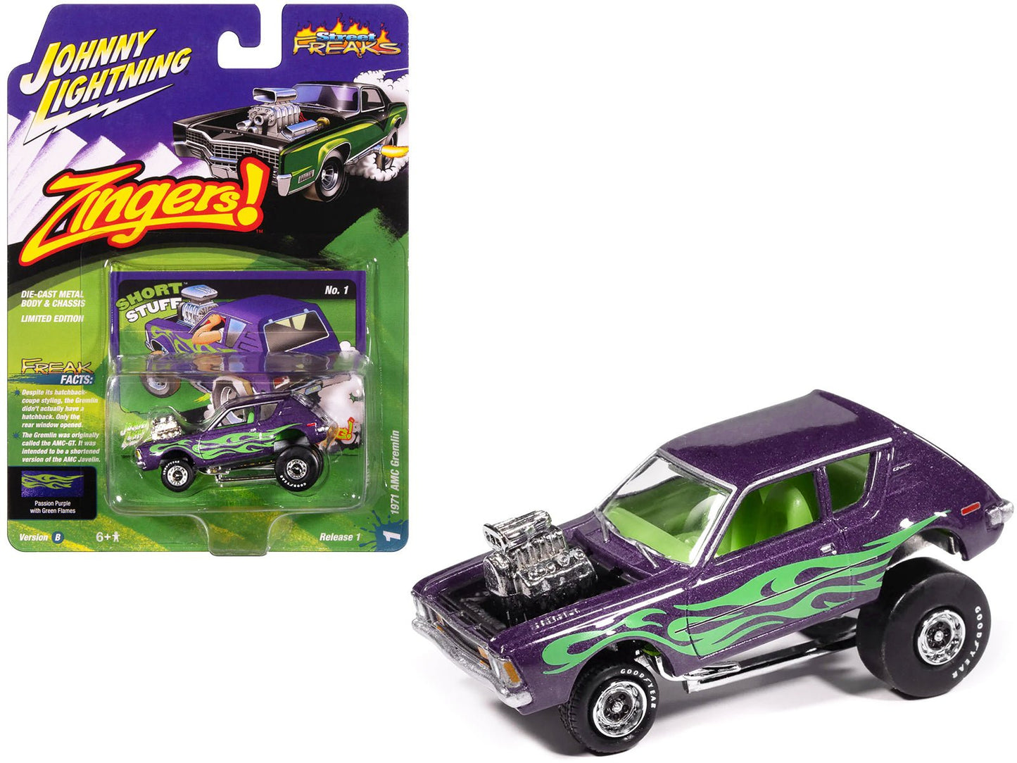 1971 AMC Gremlin Passion Purple Metallic with Green Flames and Interior "Zingers!" Series 1/64 Diecast Model Car by Johnny Lightning  free shipping USA
