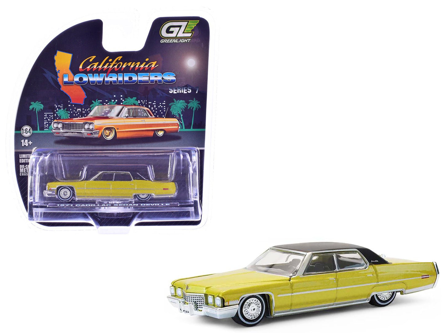 1971 Cadillac Sedan Deville Lowrider Gold Metallic with Black Top "California Lowriders" Series 7 1/64 Diecast Model Car by Greenlight  free shipping USA