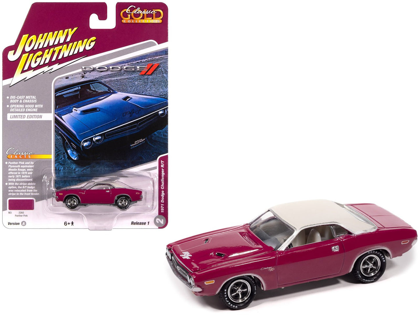 1971 Dodge Challenger R/T Panther Pink with White Top and Interior "Classic Gold Collection" 1/64 Diecast Model Car by Johnny Lightning  free shipping USA