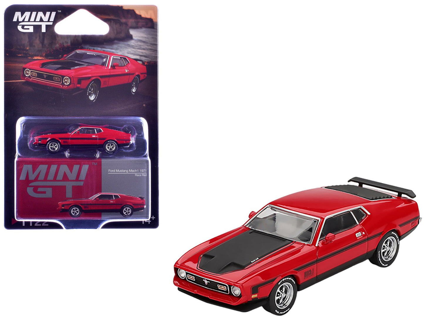 1971 Ford Mustang Mach 1 Race Red with Black Hood and Stripes Limited Edition 1/64 Diecast Model Car by Mini GT  free shipping USA