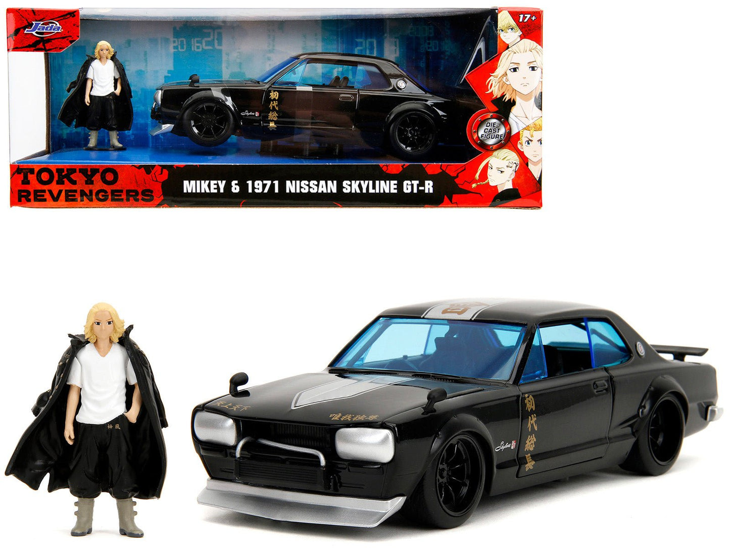 1971 Nissan Skyline GT-R RHD (Right Hand Drive) Black with Silver Stripe and Mikey Diecast Figure "Tokyo Revengers" (2021) TV Series "Anime Hollywood Rides" Series 1/24 Diecast Model Car by Jada  free shipping USA