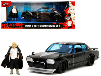 1971 Nissan Skyline GT-R RHD (Right Hand Drive) Black with Silver Stripe and Mikey Diecast Figure "Tokyo Revengers" (2021) TV Series "Anime Hollywood Rides" Series 1/24 Diecast Model Car by Jada  free shipping USA