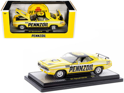 1971 Plymouth Barracuda 440 Yellow with Gray Stripes and Black Top "Pennzoil" Limited Edition to 6250 pieces Worldwide 1/24 Diecast Model Car by M2 Machines  free shipping USA