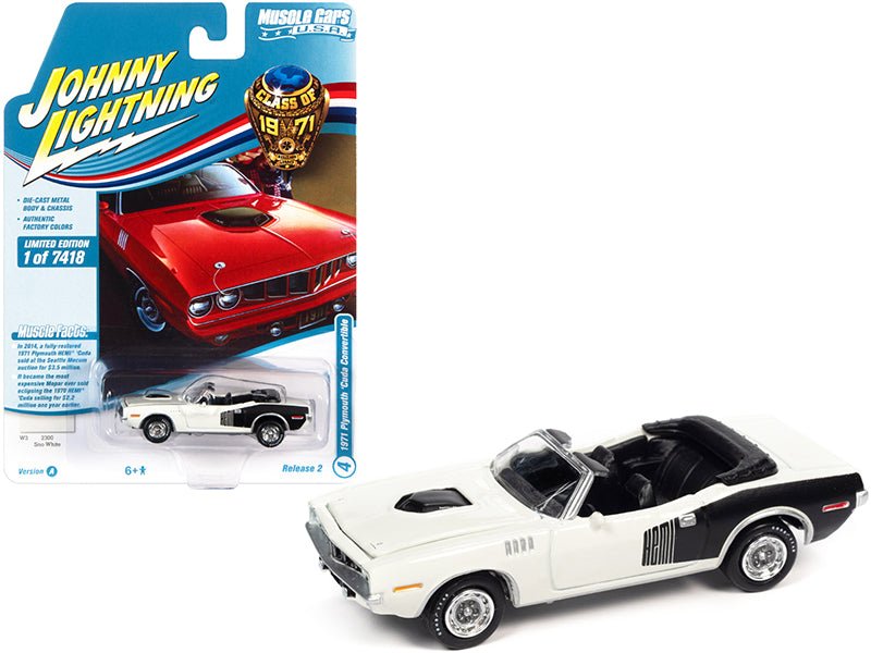 1971 Plymouth Barracuda Convertible Sno White with Black Hemi Side Billboards "Class of 1971" Limited Edition to 7418 pieces Worldwide "Muscle Cars USA" Series 1/64 Diecast Model Car by Johnny Lightning  free shipping USA