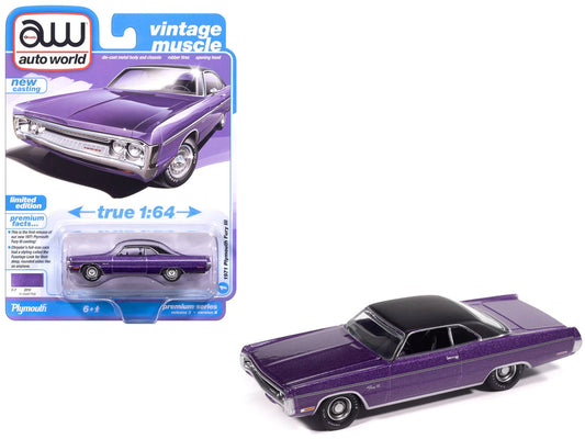 1971 Plymouth Fury III In-Violet Metallic with Black Top "Vintage Muscle" Series 1/64 Diecast Model Car by Auto World  free shipping USA