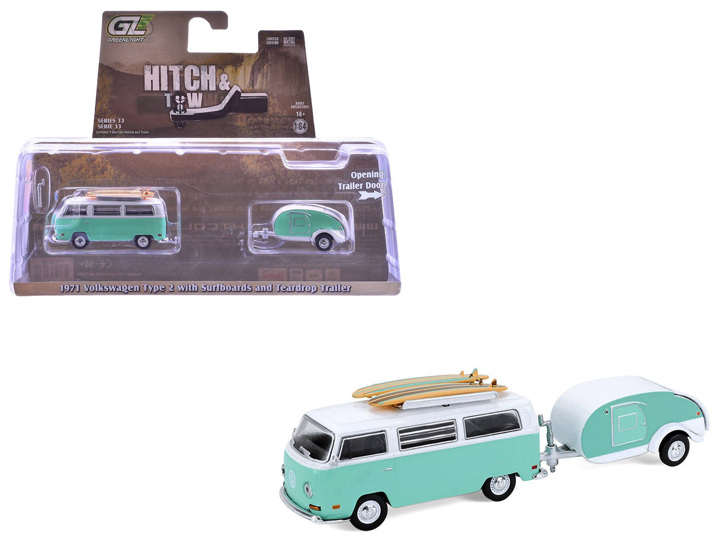 1971 Volkswagen Type 2 Van Seafoam Green and White with Surfboards and Teardrop Trailer "Hitch & Tow" Series 33 1/64 Diecast Model Cars by Greenlight  free shipping USA