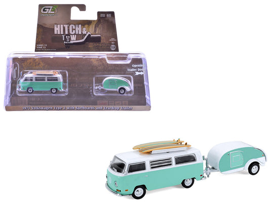 1971 Volkswagen Type 2 Van Seafoam Green and White with Surfboards and Teardrop Trailer "Hitch & Tow" Series 33 1/64 Diecast Model Cars by Greenlight  free shipping USA