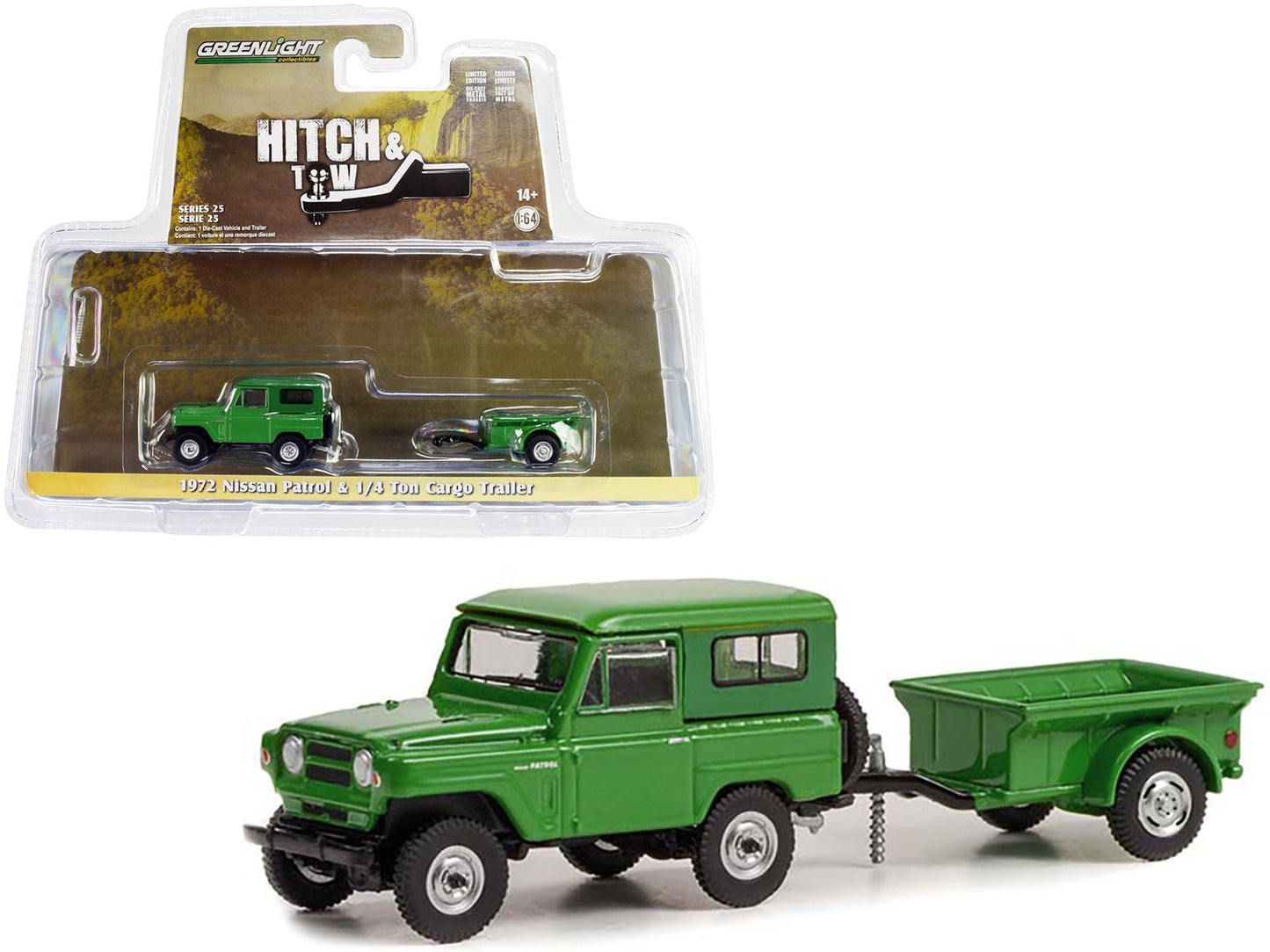 1972 Nissan Patrol Green with 1/4 Ton Cargo Trailer "Hitch & Tow" Series 25 1/64 Diecast Model Car by Greenlight  free shipping USA