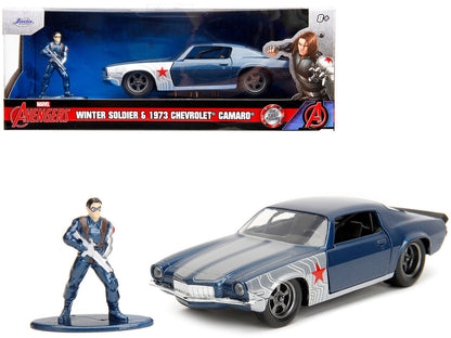 1973 Chevrolet Camaro Dark Blue Metallic with Gray Stripes and Winter Soldier Diecast Figure "Marvel Avengers" "Hollywood Rides" Series 1/32 Diecast Model Car by Jada  free shipping USA