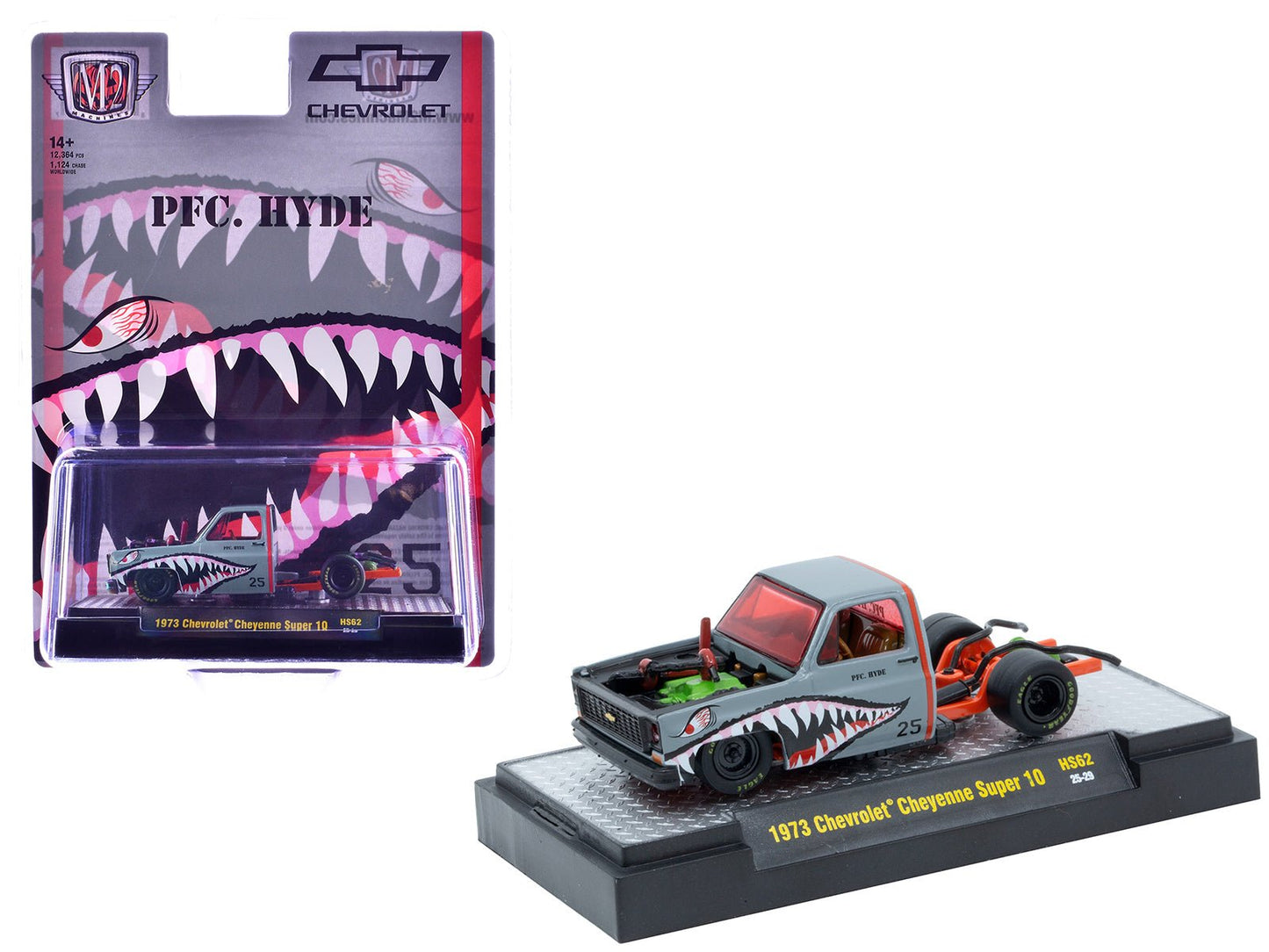 1973 Chevrolet Cheyenne Super 10 Bedless Truck "PFC. Hyde" Gray with Shark Mouth Graphics "Lowriders" Limited Edition to 12364 pieces Worldwide 1/64 Diecast Model Car by M2 Machines  free shipping USA