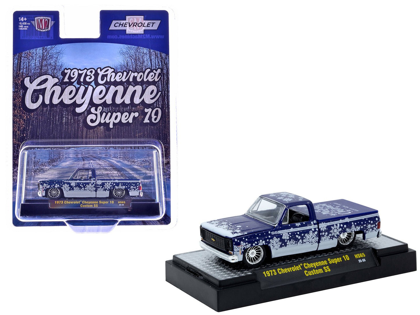 1973 Chevrolet Cheyenne Super 10 Pickup Truck "Merry Christmas - Happy New Year" Blue Metallic with White Snow Graphics Limited Edition to 10428 pieces Worldwide 1/64 Diecast Model Car by M2 Machines  free shipping USA