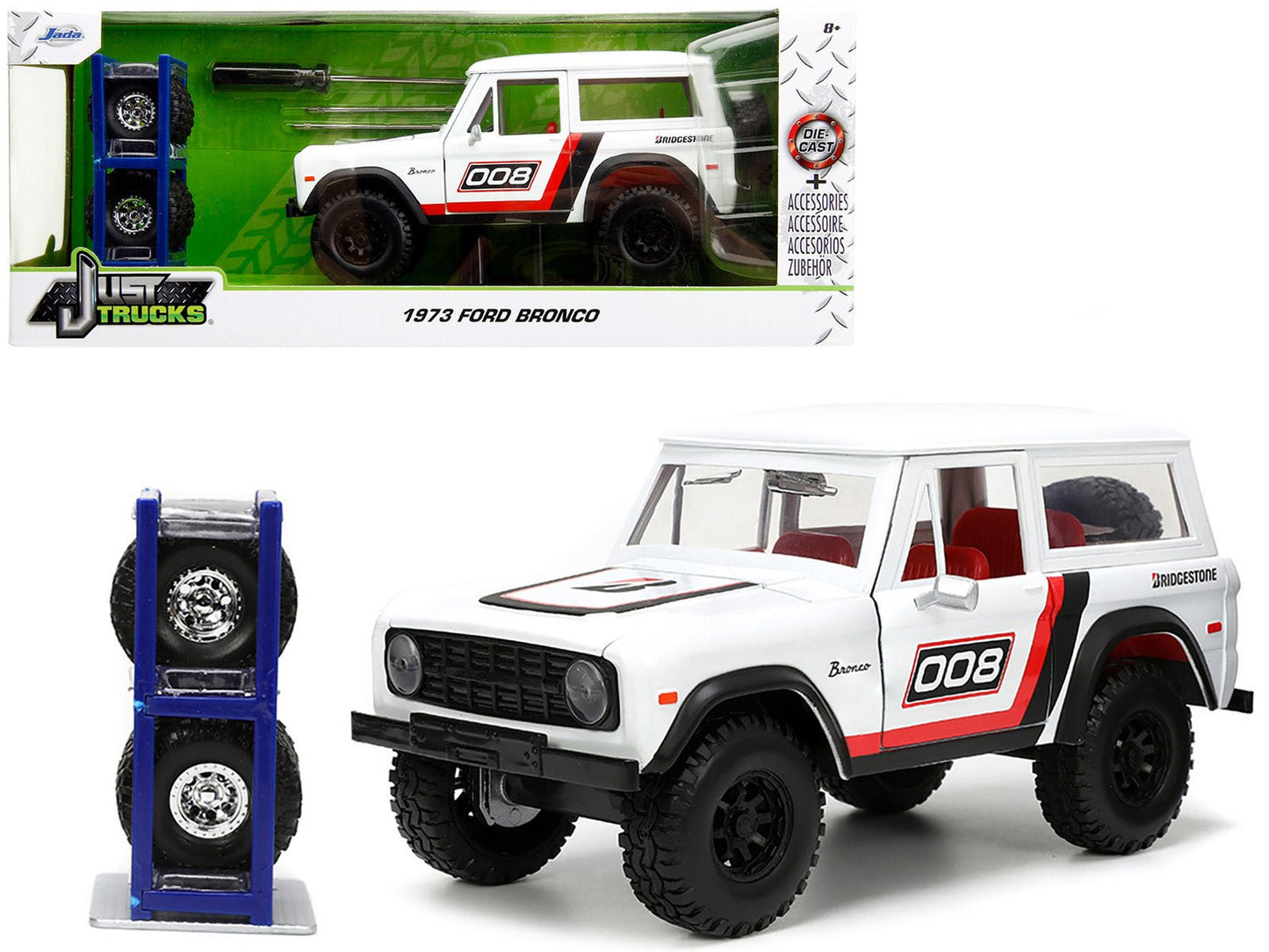 1973 Ford Bronco #008 White with Red and Black Stripes and Red Interior with Extra Wheels "Just Trucks" Series 1/24 Diecast Model Car by Jada  free shipping USA