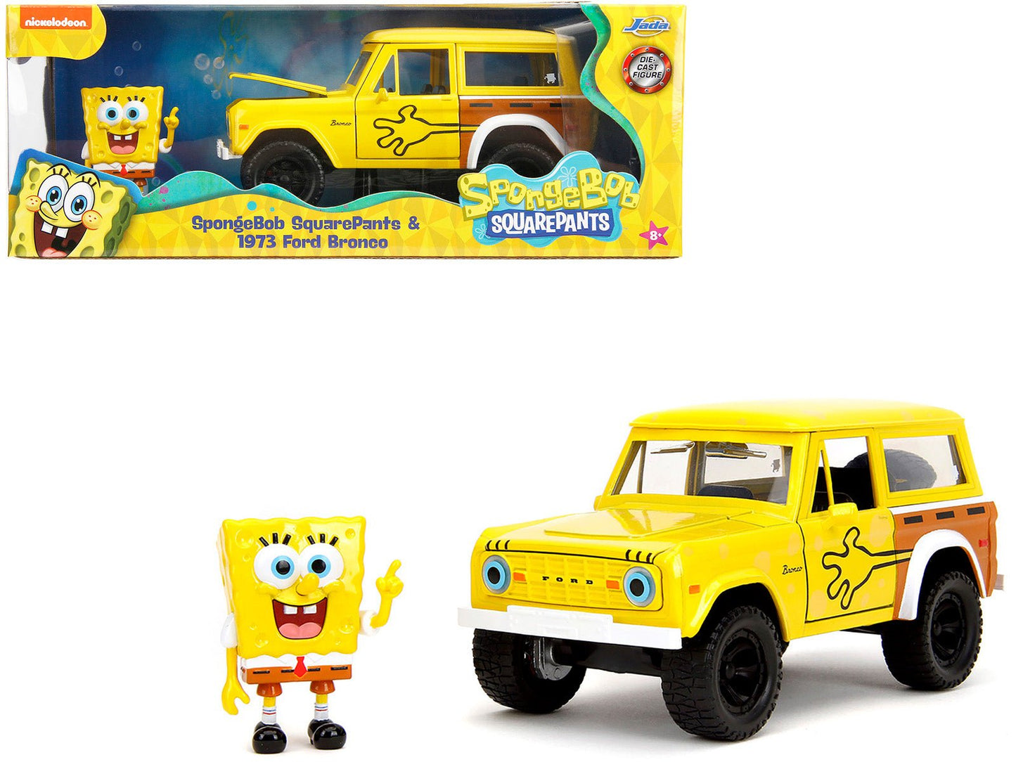 1973 Ford Bronco Yellow with Graphics and SpongeBob SquarePants Diecast Figure "SpongeBob SquarePants" (1999–Current) TV Series "Hollywood Rides" Series 1/24 Diecast Model Car by Jada  free shipping USA