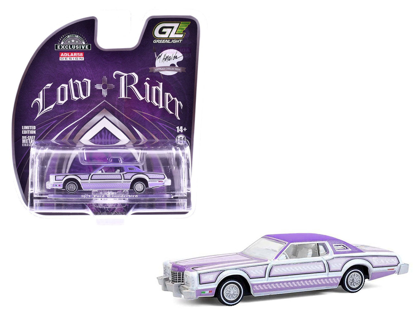 1973 Ford Thunderbird Lowrider "Michael Heralda Special Edition" Purple Metallic with Graphics and White Interior "Hobby Exclusive" Series 1/64 Diecast Model Car by Greenlight  free shipping USA