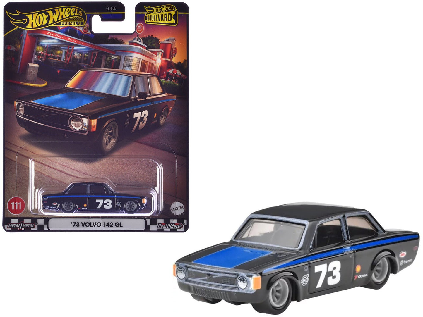 1973 Volvo 142 GL #73 Black with Blue Stripes and Hood "Boulevard" Series Diecast Model Car by Hot Wheels  free shipping USA