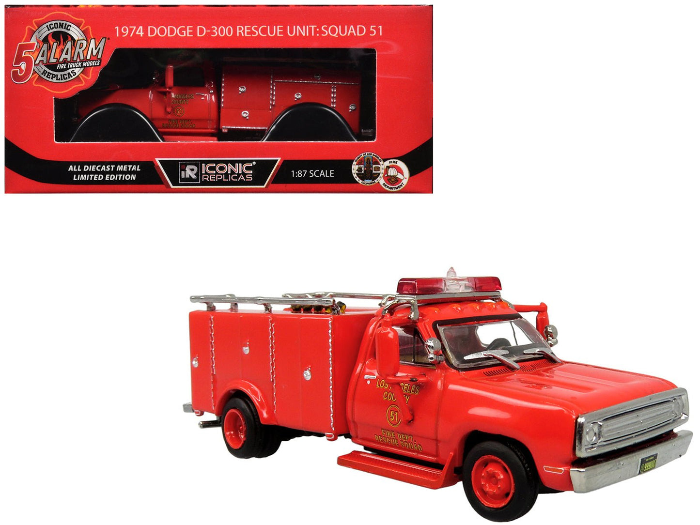 1974 Dodge D-300 Rescue Unit "Los Angeles County Fire Department Squad 51" Red "5 Alarm" Series Limited Edition 1/87 (HO) Diecast Model by Iconic Replicas  free shipping USA