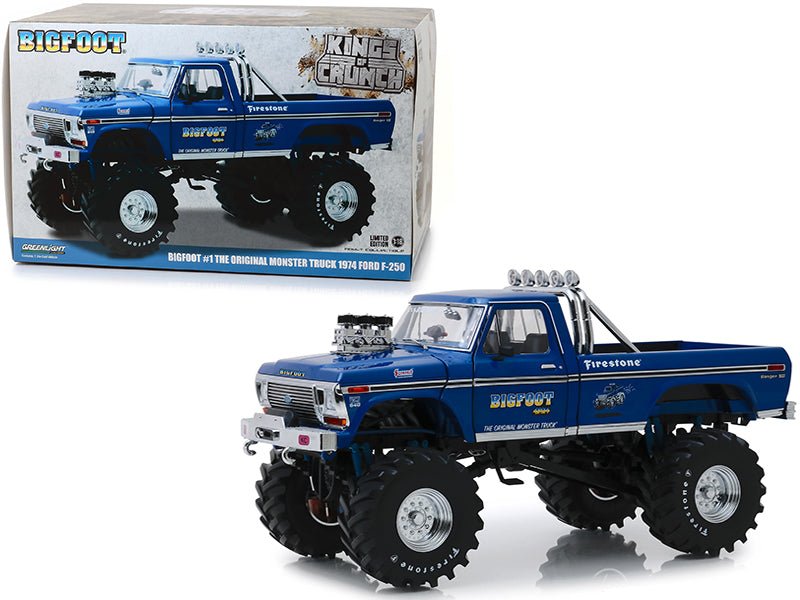 1974 Ford F-250 Bigfoot #1 The Original Monster Truck Blue with 48-Inch Tires "Kings of Crunch" 1/18 Diecast Model Car by Greenlight  free shipping USA