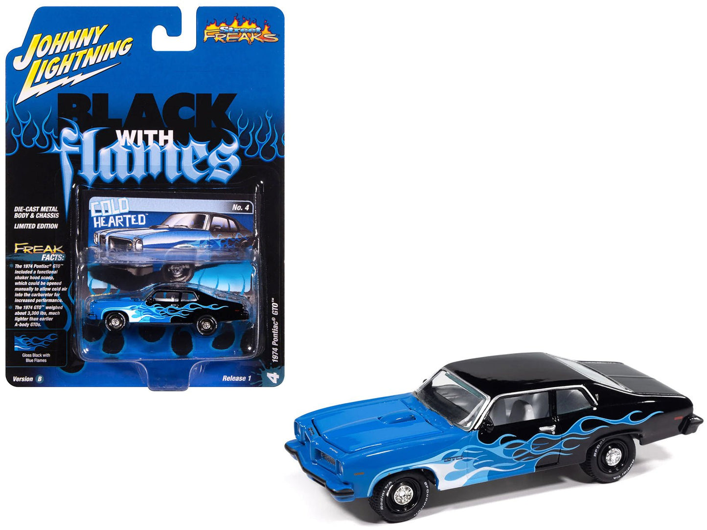 1974 Pontiac GTO Black and Blue with Blue Flame Graphics with White Interior "Black with Flames" Series 1/64 Diecast Model Car by Johnny Lightning  free shipping USA