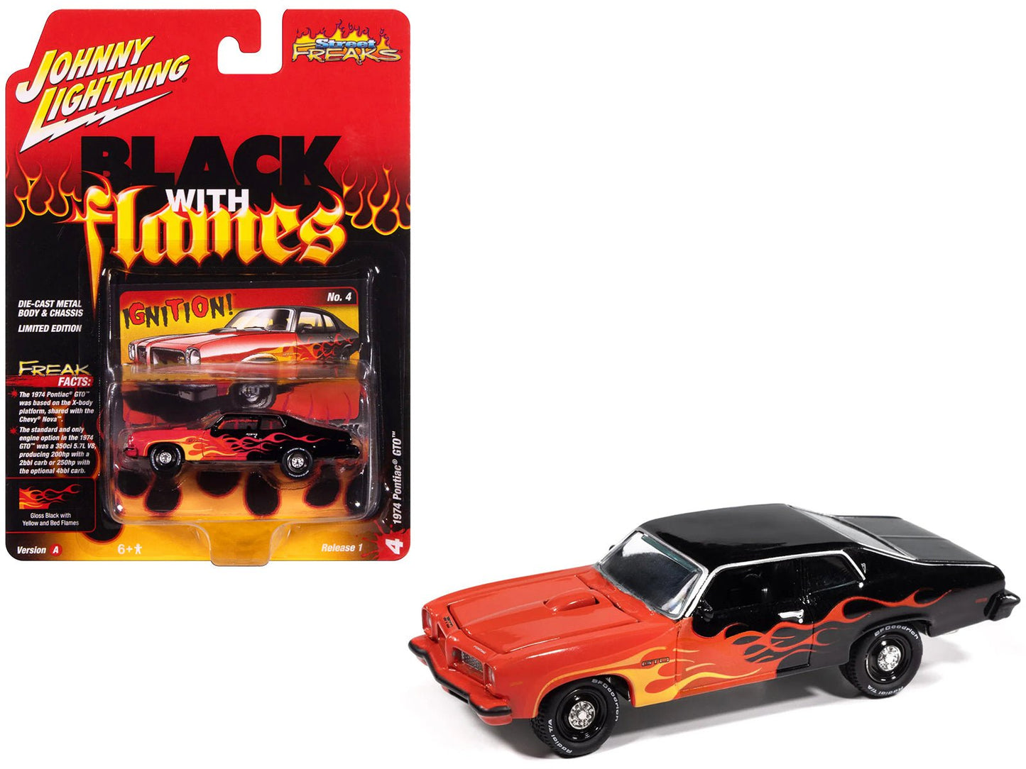 1974 Pontiac GTO Black and Red with Flame Graphics "Black with Flames" Series 1/64 Diecast Model Car by Johnny Lightning  free shipping USA