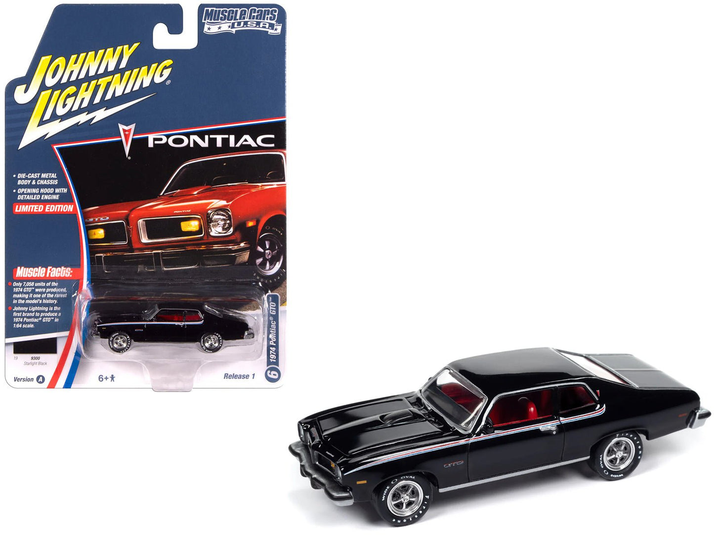 1974 Pontiac GTO Starlight Black with Red Interior "Muscle Cars USA" Series 1/64 Diecast Model Car by Johnny Lightning  free shipping USA