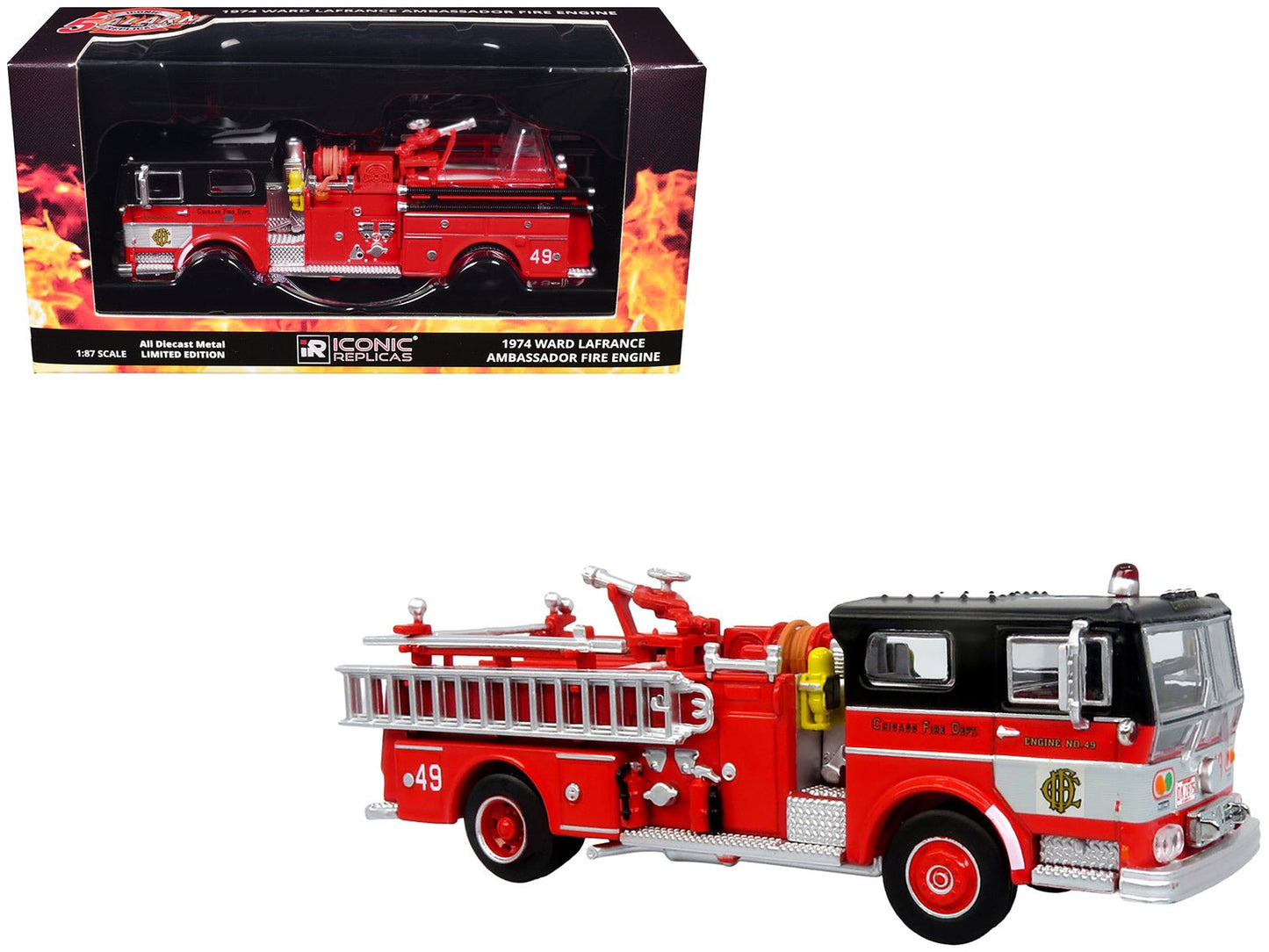 1974 Ward LaFrance Fire Engine "Chicago Fire Department - Engine 49" Red with Black Top "5 Alarm" Series Limited Edition 1/87 (HO) Diecast Model by Iconic Replicas  free shipping USA