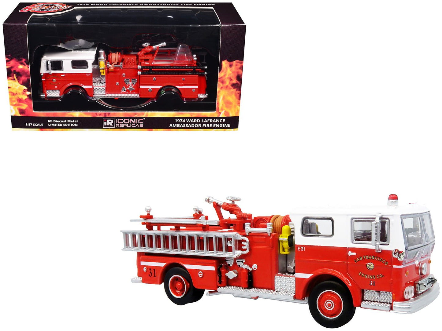 1974 Ward LaFrance Fire Engine "San Francisco Fire Department – Engine 31" Red with White Top "5 Alarm" Series Limited Edition 1/87 (HO) Diecast Model by Iconic Replicas  free shipping USA