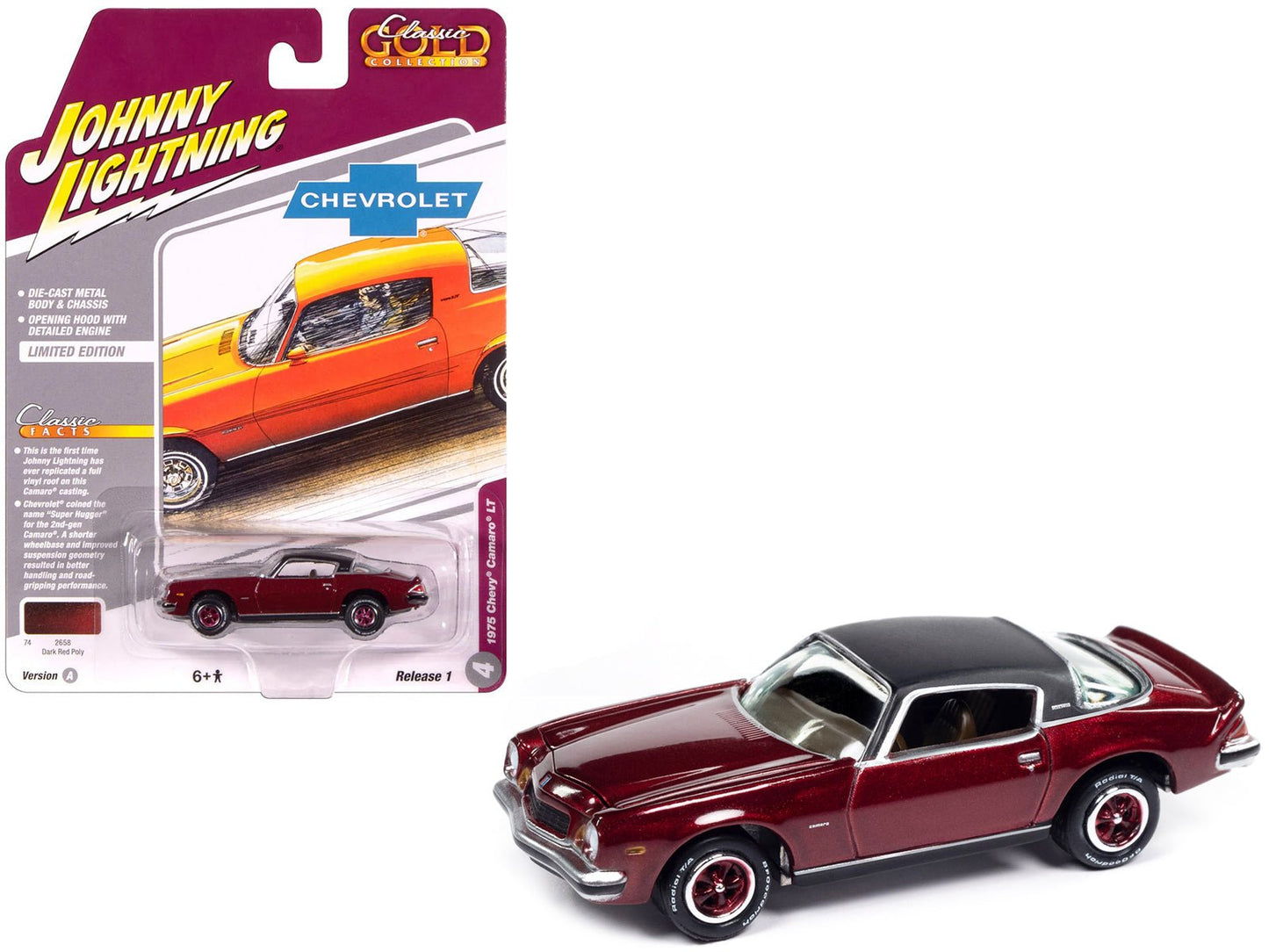 1975 Chevrolet Camaro LT Dark Red Metallic with Black Top "Classic Gold Collection" 1/64 Diecast Model Car by Johnny Lightning  free shipping USA