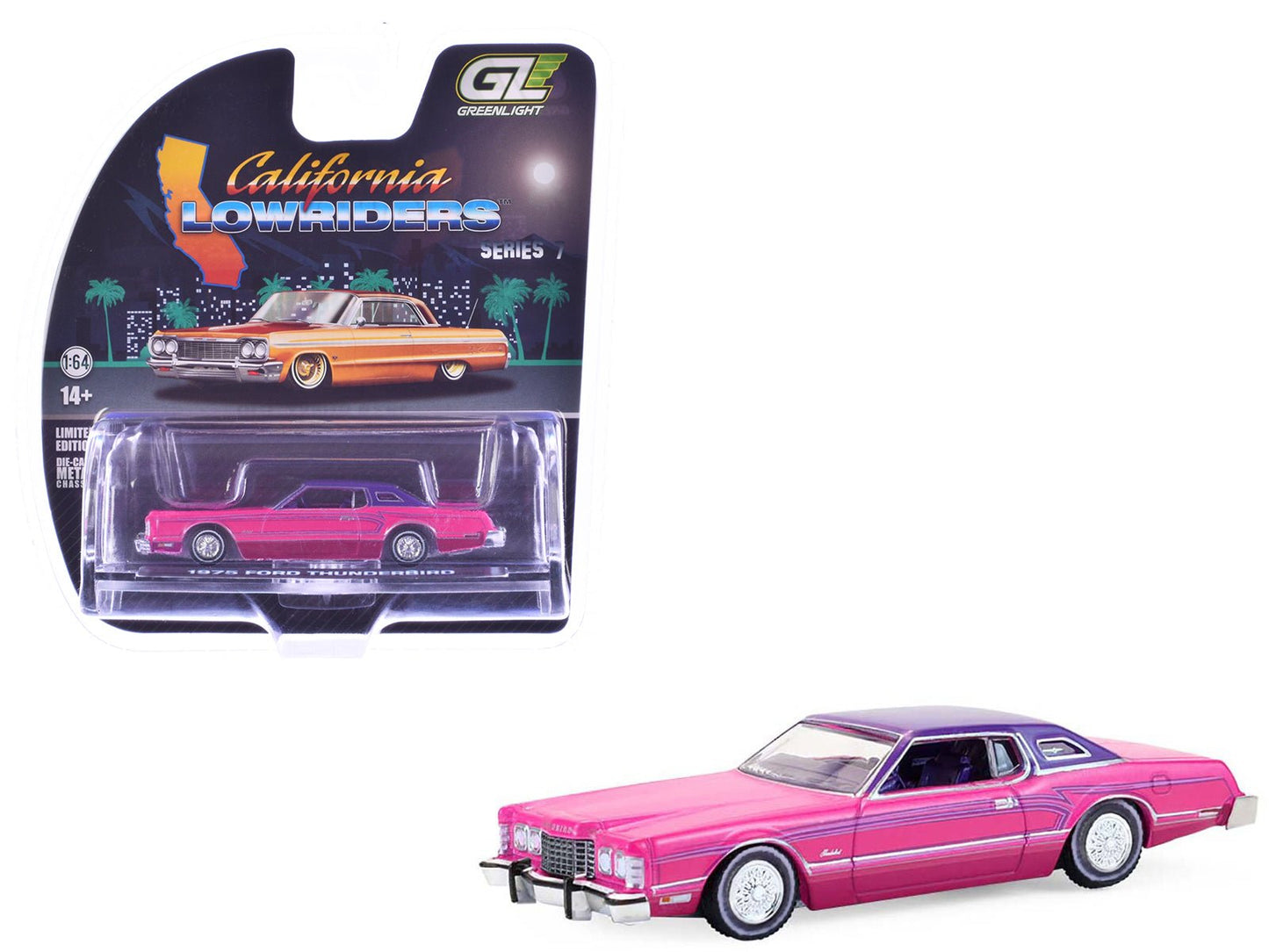 1975 Ford Thunderbird Lowrider Pink Metallic with Purple Top and Graphics with Purple Interior "California Lowriders" Series 7 1/64 Diecast Model Car by Greenlight  free shipping USA