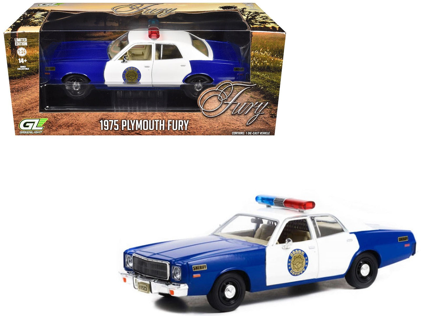 1975 Plymouth Fury "Osage County Sheriff" Blue and White 1/24 Diecast Model Car by Greenlight  free shipping USA