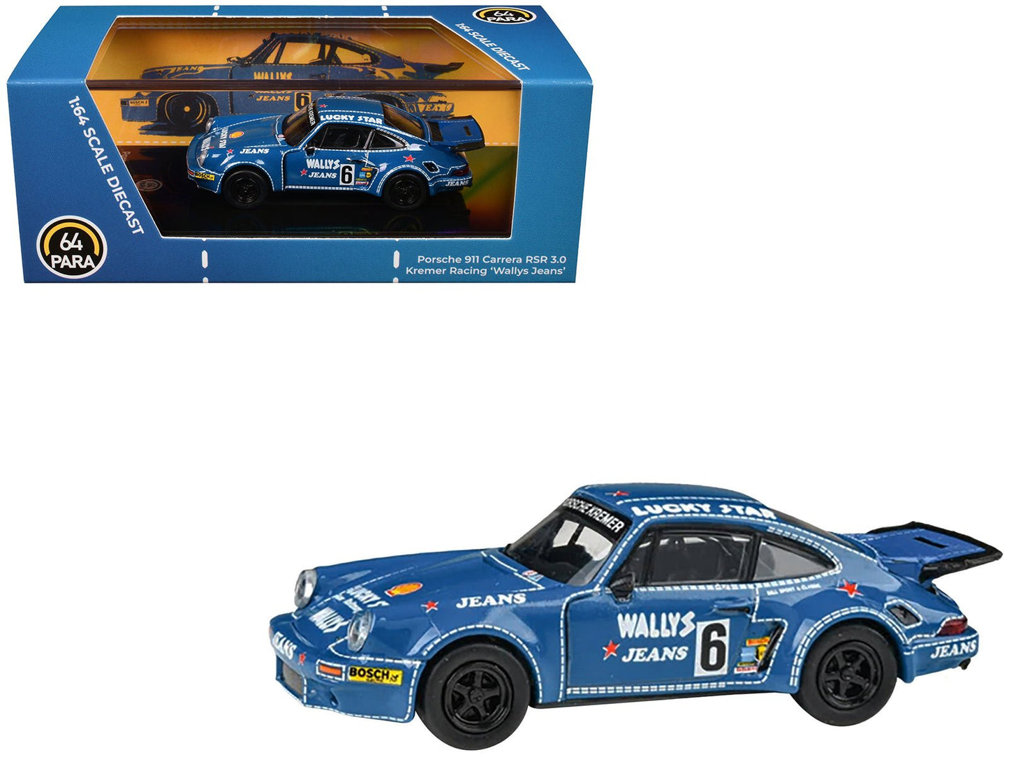 1975 Porsche 911 Carrera RSR 3.0 #6 "Kremer Racing - Wallys Jeans" Blue 1/64 Diecast Model Car by Paragon Models  free shipping USA