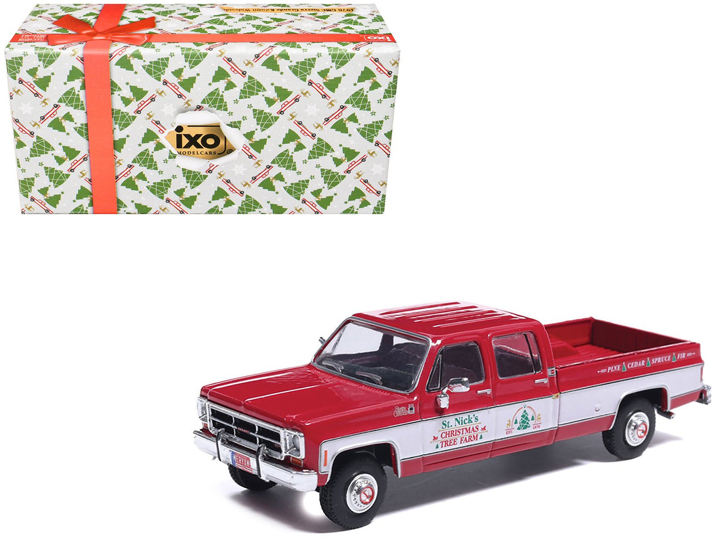 1976 GMC Sierra Grande K2500 Wideside Pickup Truck "St. Nick's Christmas Tree Farm" Red with White Sides "Christmas Limited Edition" 1/64 Diecast Model Car by IXO Models  free shipping USA