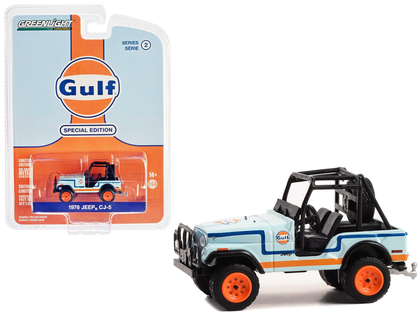 1976 Jeep CJ-5 Light Blue with Blue and Orange Stripes "Gulf Oil Special Edition" Series 2 1/64 Diecast Model Car by Greenlight  free shipping USA