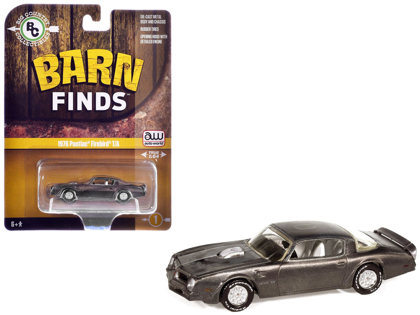 1976 Pontiac Firebird T/A "Barn Finds" Gray Metallic (Weathered) with White Interior "Big Country Collectibles" 2025 Series 1/64 Diecast Model Car by Auto World  free shipping USA