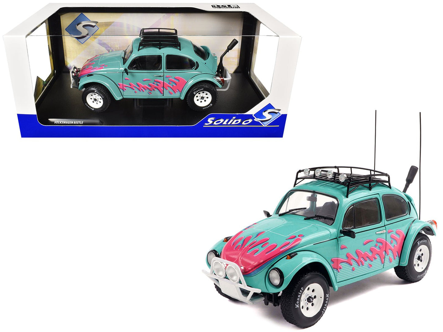 1976 Volkswagen Beetle Baja Miami Green with Pink Graphics 1/18 Diecast Model Car by Solido  free shipping USA