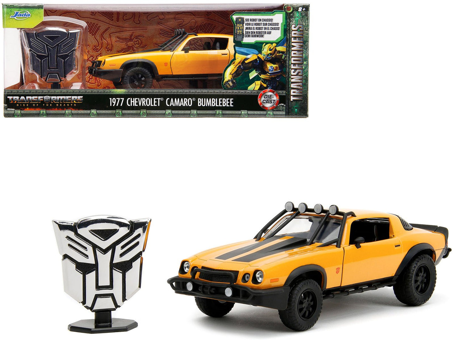 1977 Chevrolet Camaro Off-Road Version "Bumblebee" Yellow Metallic with Black Stripes and Transformers Logo Diecast Statue "Transformers: Rise of the Beasts" (2023) Movie "Hollywood Rides" Series 1/24 Diecast Model Car by Jada  free shipping USA