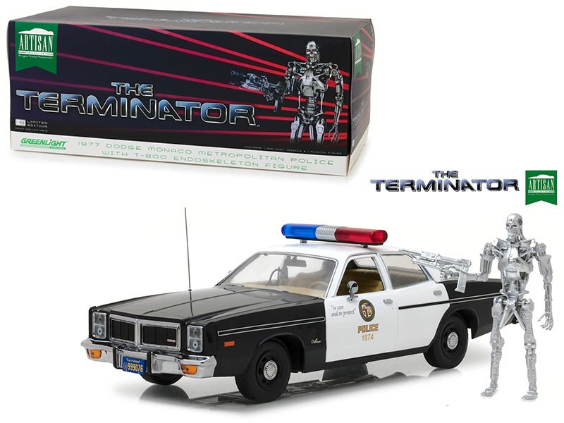 1977 Dodge Monaco Metropolitan Police with T-800 Endoskeleton Figurine "The Terminator" (1984) Movie 1/18 Diecast Model Car by Greenlight  free shipping USA