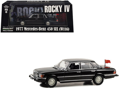 1977 Mercedes-Benz 450 SEL (W116) Black with Soviet Flag "Rocky IV" (1985) Movie 1/43 Diecast Model Car by Greenlight  free shipping USA