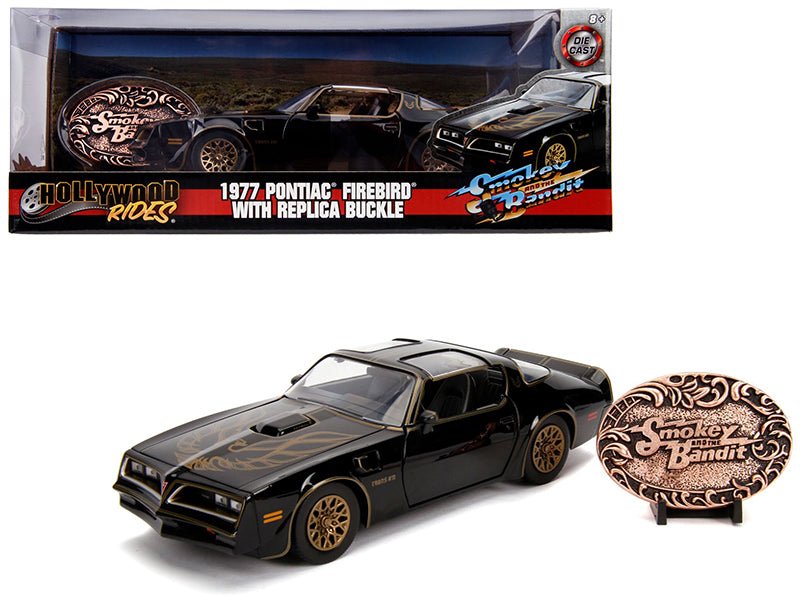 1977 Pontiac Firebird Trans Am Black with Replica Buckle "Smokey and the Bandit" (1977) Movie "Hollywood Rides" Series 1/24 Diecast Model Car by Jada  free shipping USA