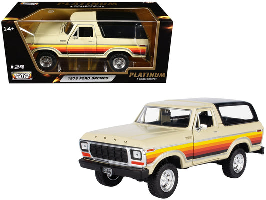 1978 Ford Bronco Custom Cream with Stripes and Black Top "Platinum Collection" Series 1/24 Diecast Model Car by Motormax  free shipping USA