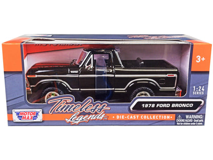 1978 Ford Bronco Custom (Open Top) Black "Timeless Legends" Series 1/24 Diecast Model Car by Motormax  free shipping USA