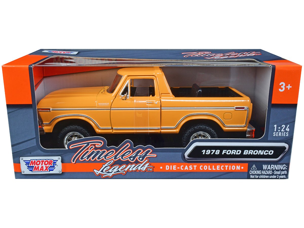1978 Ford Bronco Custom (Open Top) Yellow with "Timeless Legends" Series 1/24 Diecast Model Car by Motormax  free shipping USA