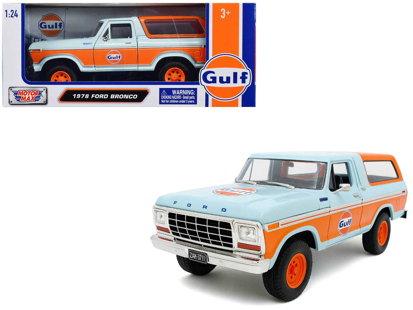 1978 Ford Bronco Light Blue and Orange "Gulf Oil" "Gulf Die-Cast Collection" 1/24 Diecast Model Car by Motormax  free shipping USA