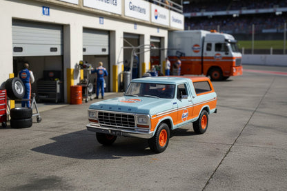 1978 Ford Bronco Light Blue and Orange "Gulf Oil" "Gulf Die-Cast Collection" 1/24 Diecast Model Car by Motormax  free shipping USA